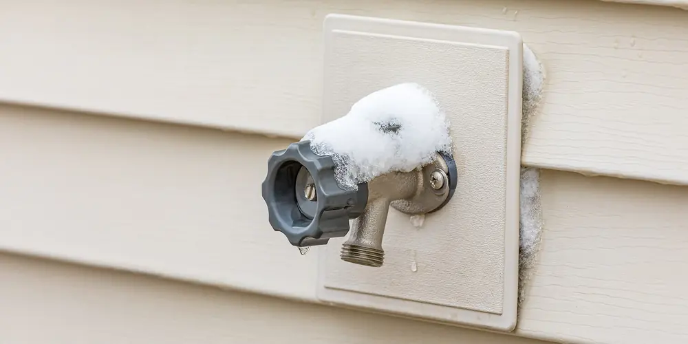 Insulated outdoor faucet cover protecting a hose bib from freezing