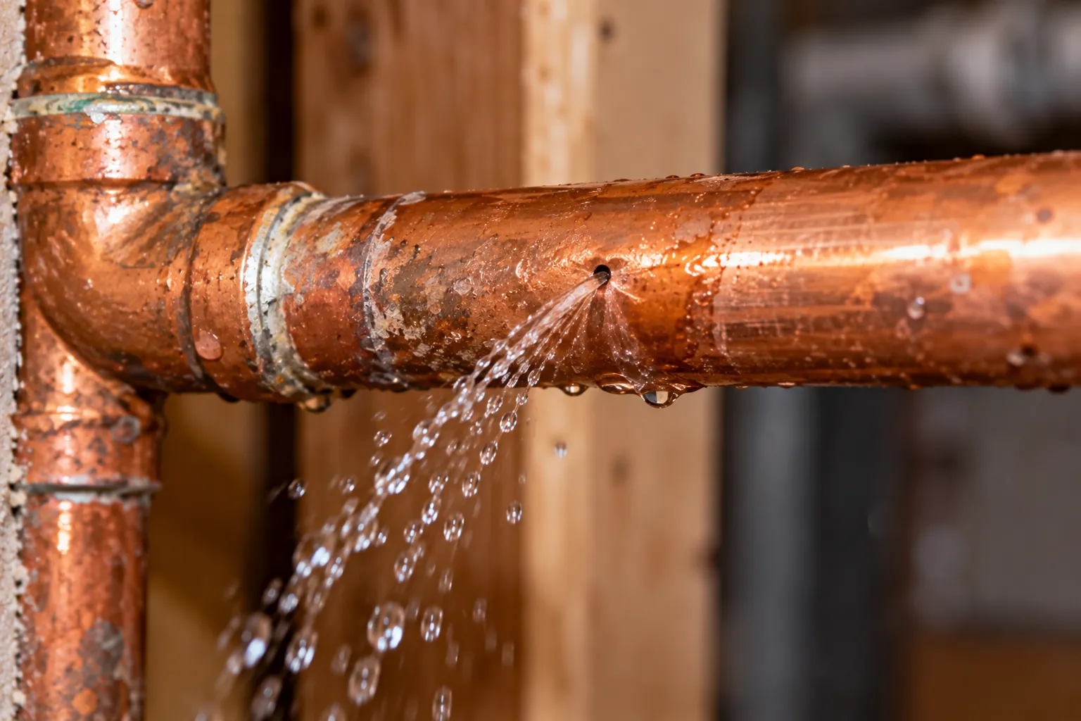 Burst copper pipe spraying water inside a Chesterfield MO home during an emergency plumbing call