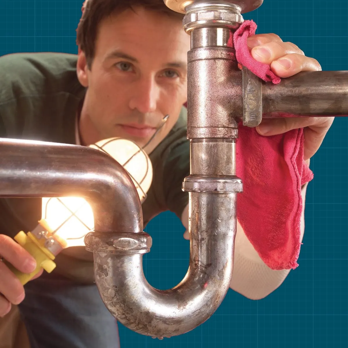 Plumber inspecting a chrome pipe fitting during a Chesterfield service visit