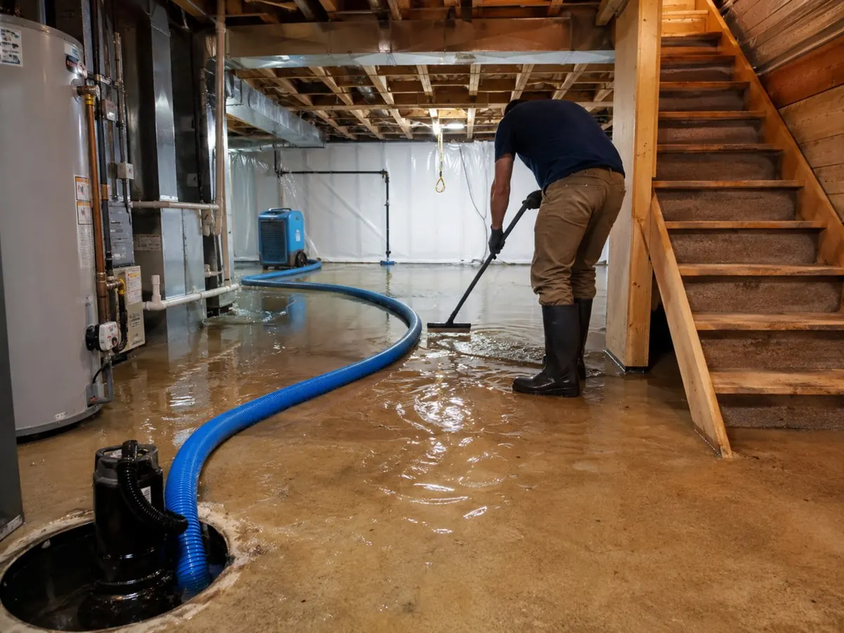 Worker clearing water from a flooded basement floor near the sump pit