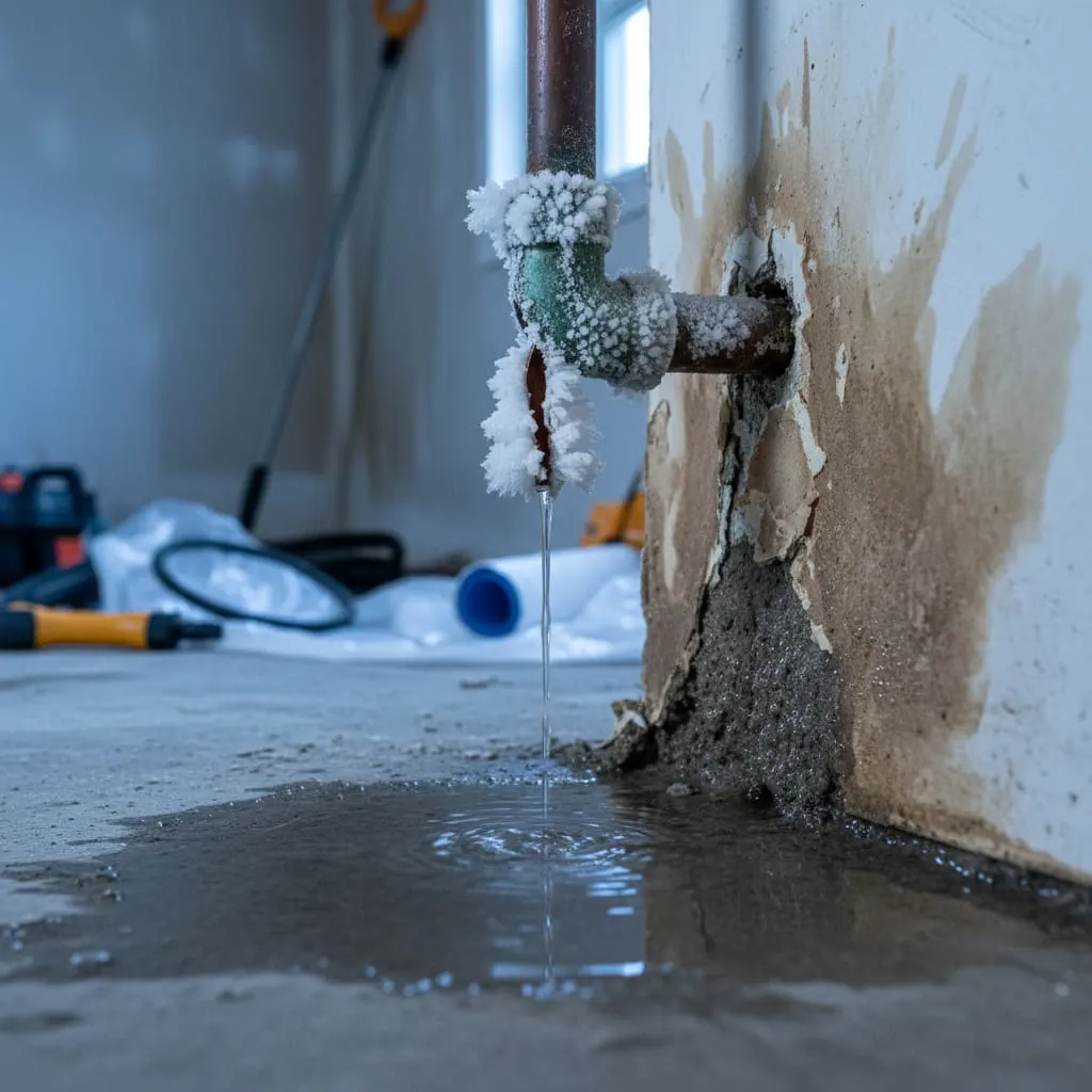 Water pouring from a burst pipe onto a flooded basement floor
