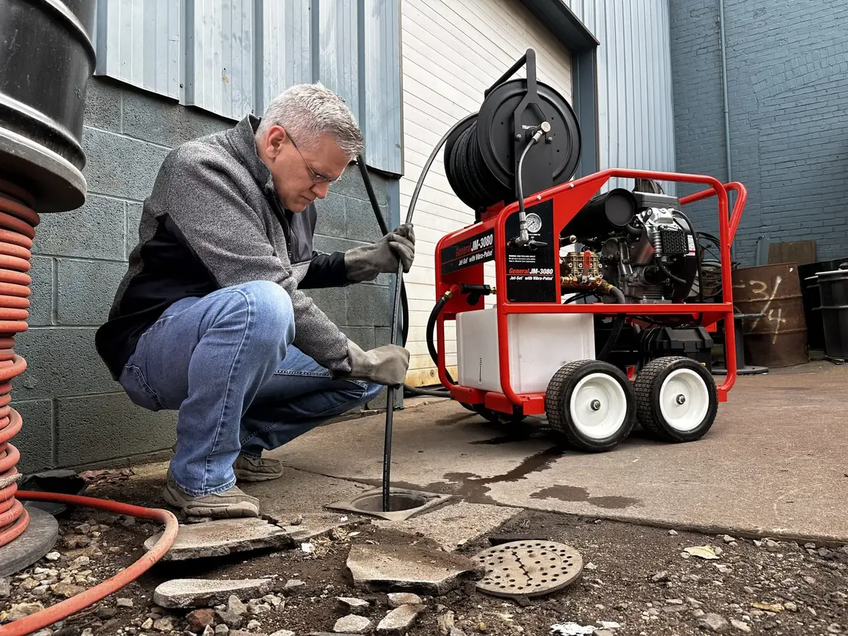 Professional drain machine clearing a clogged line in Chesterfield MO