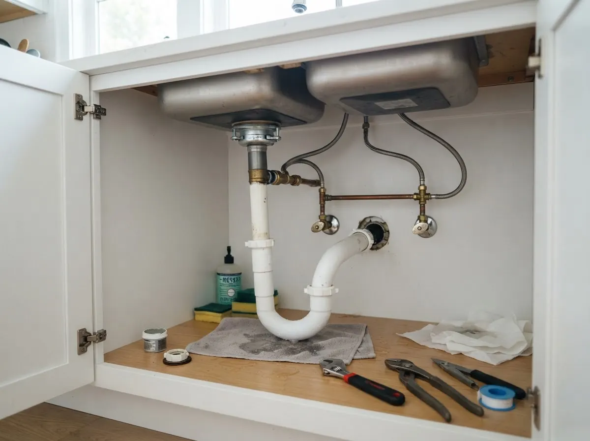 Kitchen sink drain and disposal plumbing exposed during cleaning