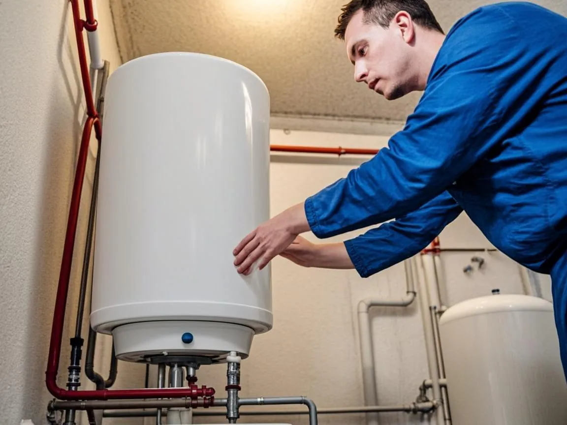 Plumber installing a replacement tank water heater in a Chesterfield utility room